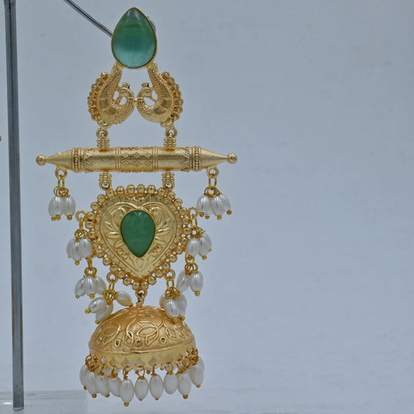 Grand Gold-Plated Jhumka Earrings with Green Stones & Pearl Drops - UB Jewellerys 