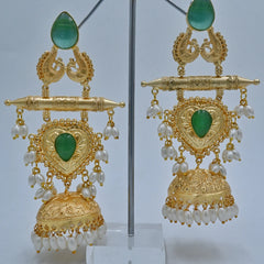 Grand Gold-Plated Jhumka Earrings with Green Stones & Pearl Drops - UB Jewellerys 