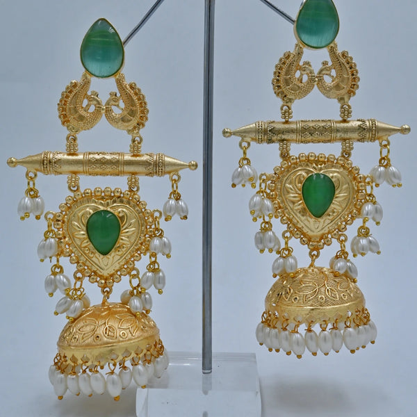 Grand Gold-Plated Jhumka Earrings with Green Stones & Pearl Drops - UB Jewellerys 