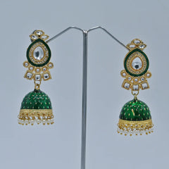 Green Enamel Jhumka Earrings with Kundan and Pearl Detailing - UB Jewellerys 