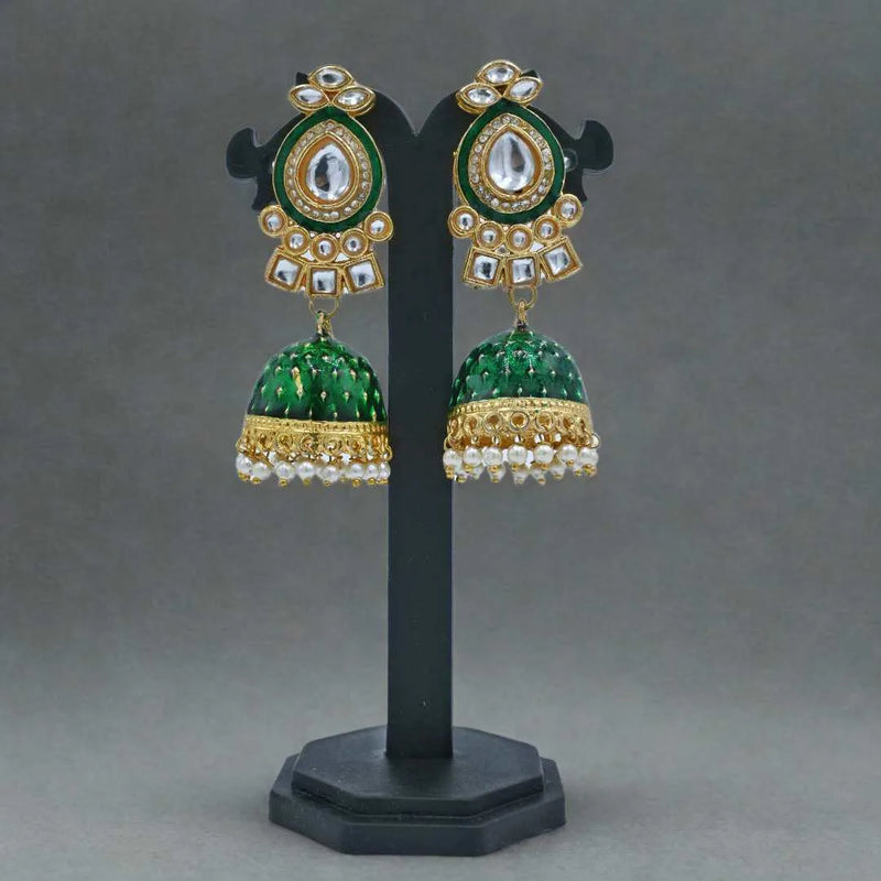 Green Enamel Jhumka Earrings with Kundan and Pearl Detailing - UB Jewellerys 