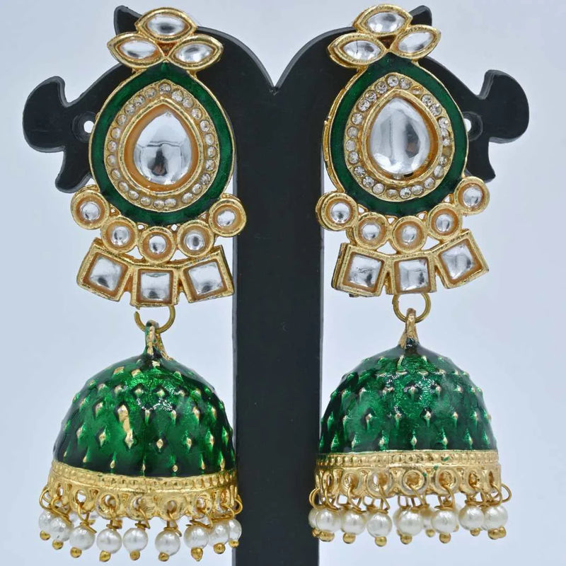 Green Enamel Jhumka Earrings with Kundan and Pearl Detailing - UB Jewellerys 