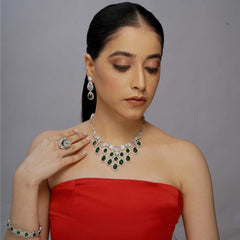 Imitation emerald and American diamond imitation necklace with earrings - UB Jewellerys 