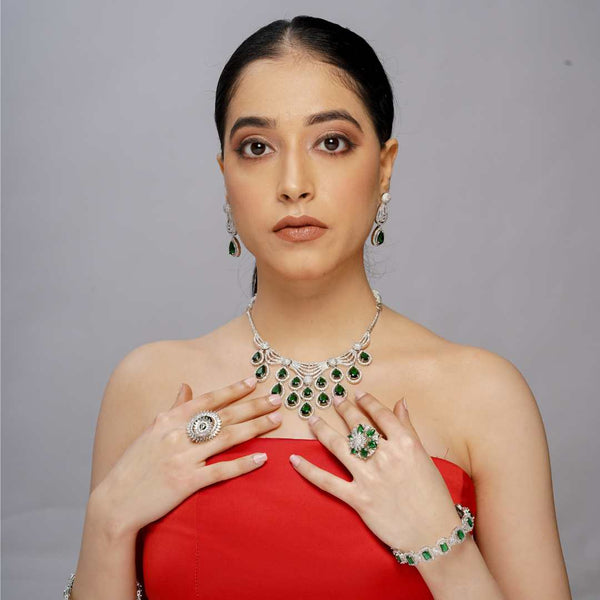 Imitation emerald and American diamond imitation necklace with earrings - UB Jewellerys 