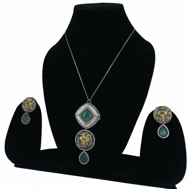 Lion design Green Stone Pendant Necklace Set - UB Jewellerys 