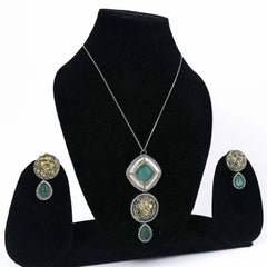 Lion design Green Stone Pendant Necklace Set - UB Jewellerys 