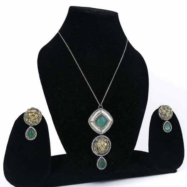 Lion design Green Stone Pendant Necklace Set - UB Jewellerys 