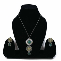 Lion design Green Stone Pendant Necklace Set - UB Jewellerys 
