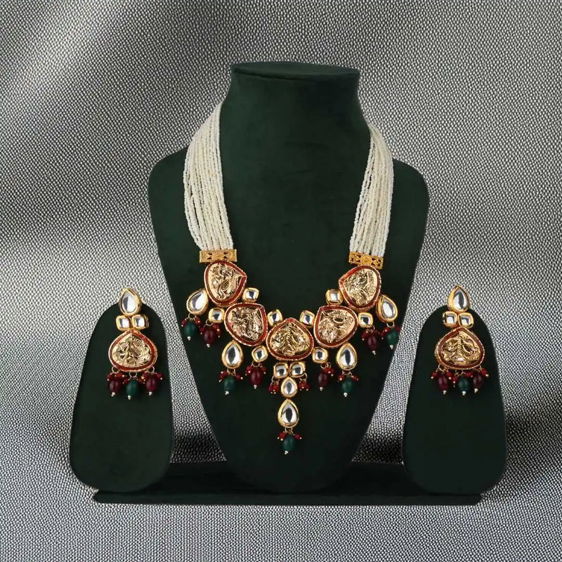 Luxury Kundan Pearl Multi-Strand Necklace Set with Traditional Earrings - UB Jewellerys 