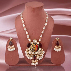Luxury Pearl and Meenakari Pendant Set - Traditional Hand-Painted Necklace with Deep maroon Stone Accents - UB Jewellerys 