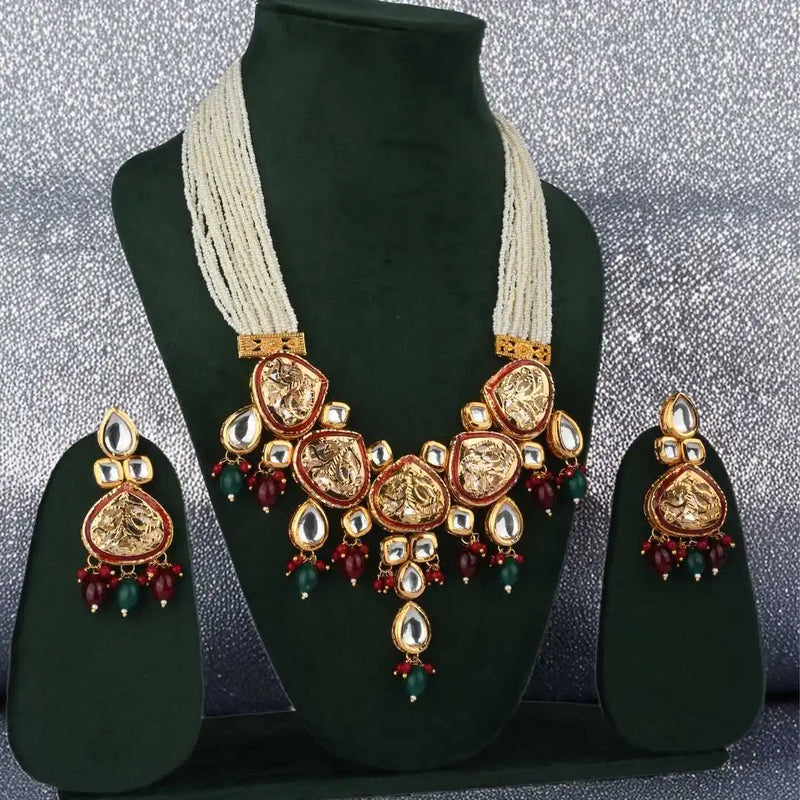 Luxury Kundan Pearl Multi-Strand Necklace Set with Traditional Earrings - UB Jewellerys 