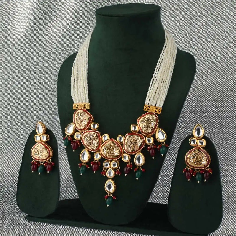 Luxury Kundan Pearl Multi-Strand Necklace Set with Traditional Earrings - UB Jewellerys 