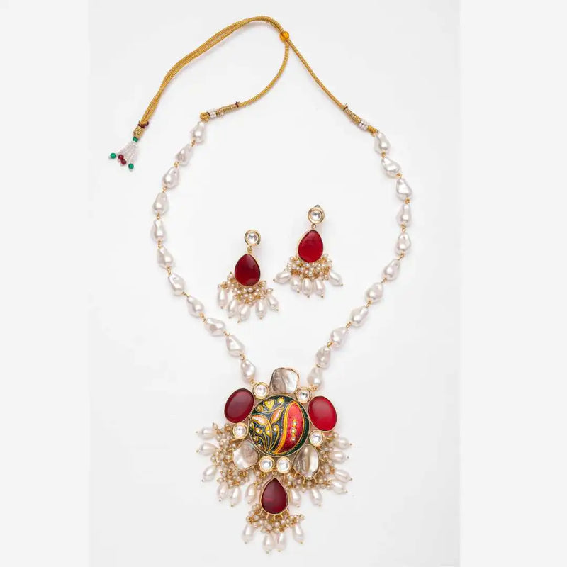 Luxury Pearl and Meenakari Pendant Set - Traditional Hand-Painted Necklace with Deep maroon Stone Accents - UB Jewellerys 