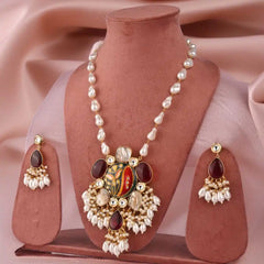Luxury Pearl and Meenakari Pendant Set - Traditional Hand-Painted Necklace with Deep maroon Stone Accents - UB Jewellerys 
