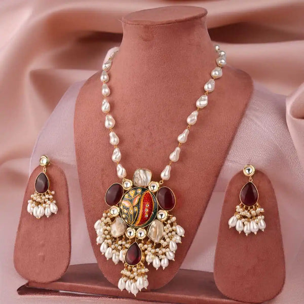 Luxury Pearl and Meenakari Pendant Set - Traditional Hand-Painted Necklace with Deep maroon Stone Accents - UB Jewellerys 