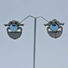 Oxidized Stud Earrings with Blue Stone and Bird Design - UB Jewellerys 