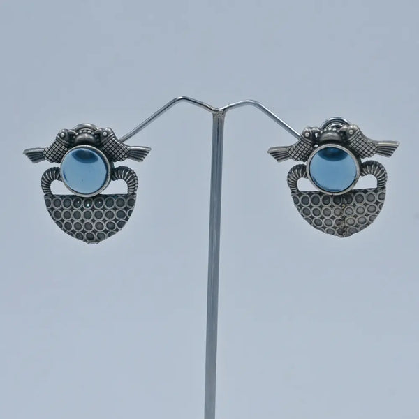 Oxidized Stud Earrings with Blue Stone and Bird Design - UB Jewellerys 