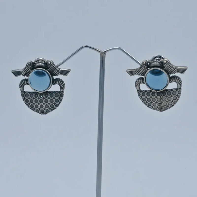 Oxidized Stud Earrings with Blue Stone and Bird Design - UB Jewellerys 