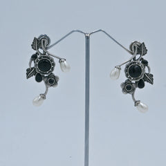 Oxidized Floral Earrings with Black Stones and Pearl Drops - UB Jewellerys 