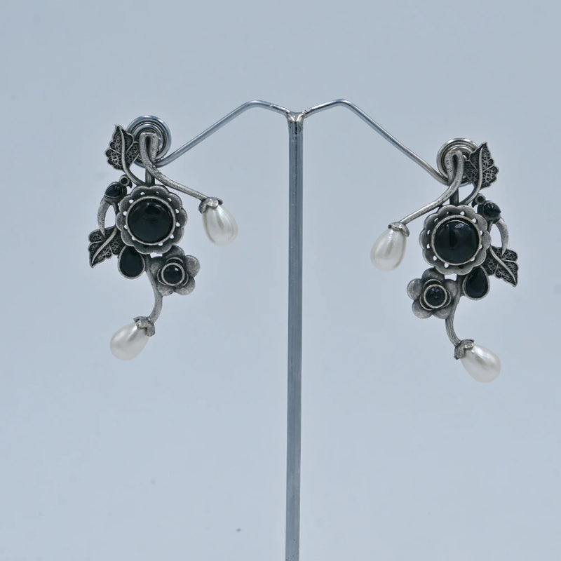 Oxidized Floral Earrings with Black Stones and Pearl Drops - UB Jewellerys 