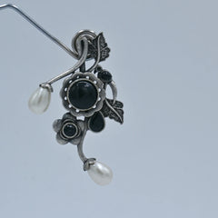 Oxidized Floral Earrings with Black Stones and Pearl Drops - UB Jewellerys 