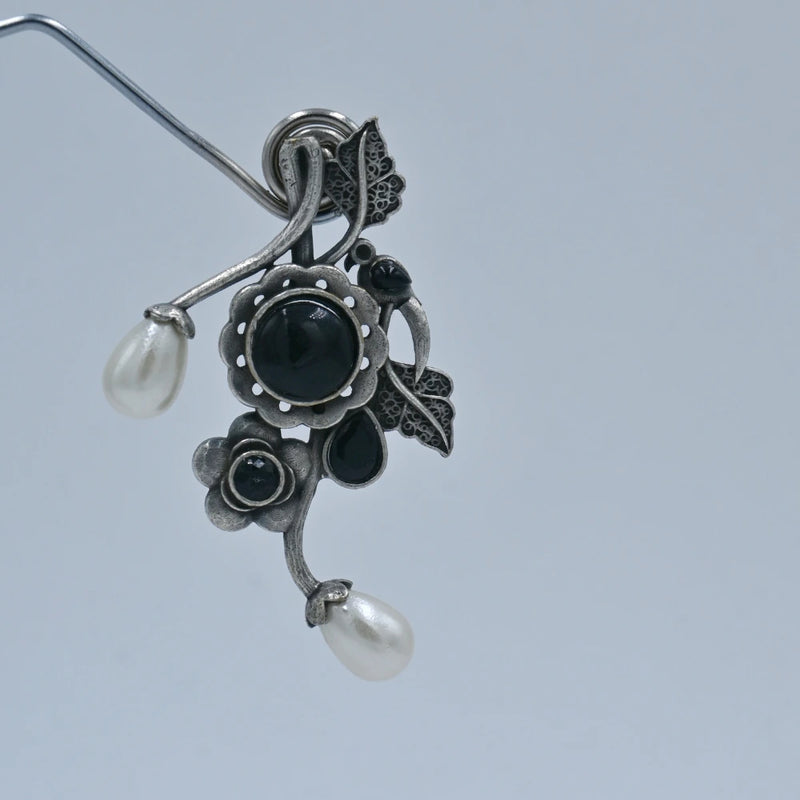 Oxidized Floral Earrings with Black Stones and Pearl Drops - UB Jewellerys 