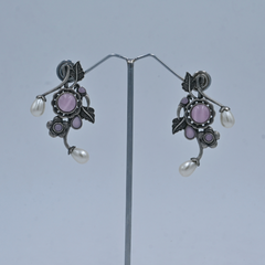 Oxidized Floral Earrings with Black Stones and Pearl Drops - UB Jewellerys 