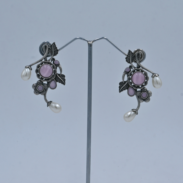Oxidized Floral Earrings with Black Stones and Pearl Drops - UB Jewellerys 