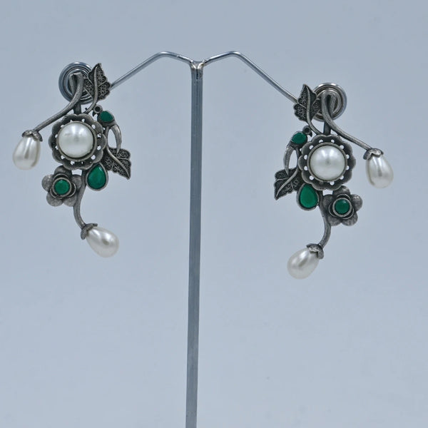 Oxidized Floral Earrings with Black Stones and Pearl Drops - UB Jewellerys 