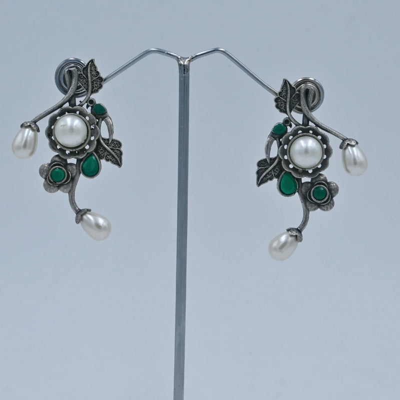 Oxidized Floral Earrings with Black Stones and Pearl Drops - UB Jewellerys 
