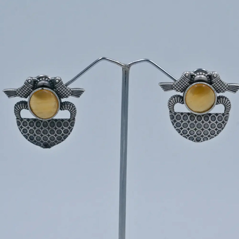 Oxidized Stud Earrings with Blue Stone and Bird Design - UB Jewellerys 
