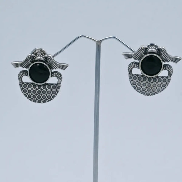 Oxidized Stud Earrings with Blue Stone and Bird Design - UB Jewellerys 