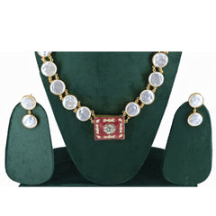 Regal Pearl Necklace Set with Burgundy Square Pendant and Matching Earrings - UB Jewellerys 