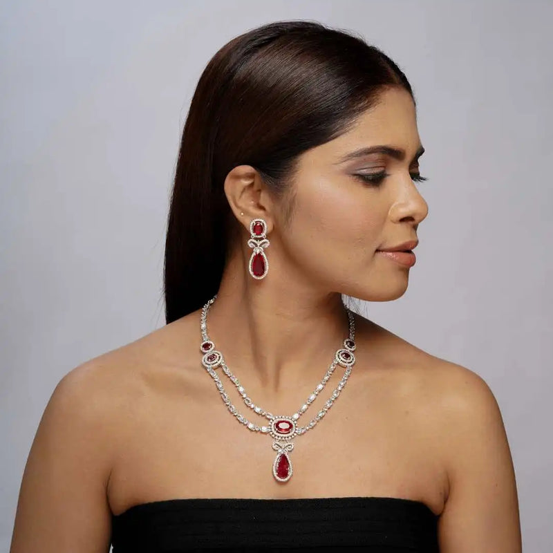 Rhodium-Plated Ruby and Zircon Bridal Necklace Set - UB Jewellerys 