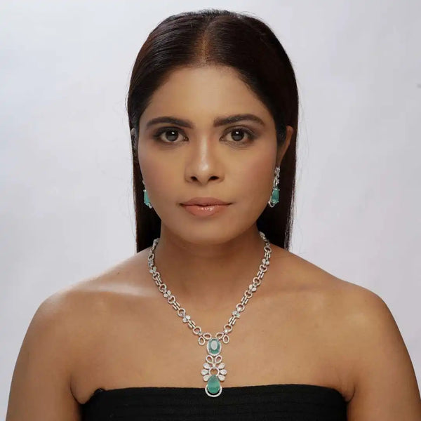 Rhodium-Plated Green Stone american diamond Imitation Jewellery Set – Necklace & Earrings - UB Jewellerys 