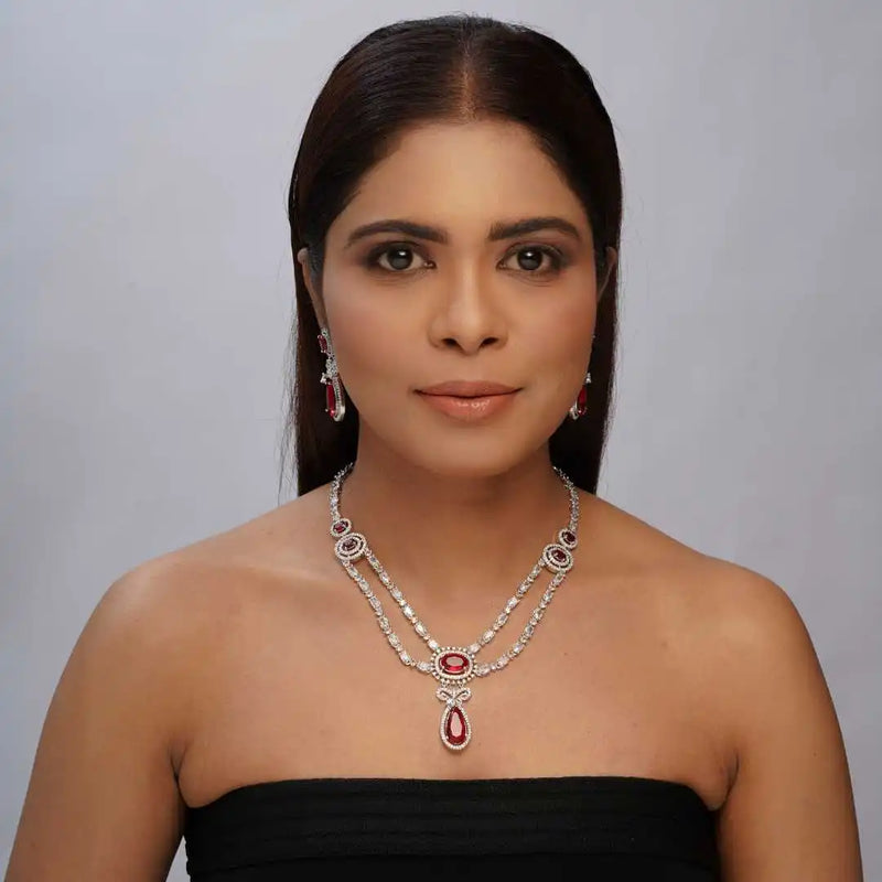 Rhodium-Plated Ruby and Zircon Bridal Necklace Set - UB Jewellerys 