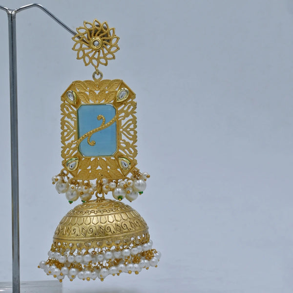 Royal Gold-Plated Jhumka Earrings with Blue Stone & Pearl Detailing - UB Jewellerys 