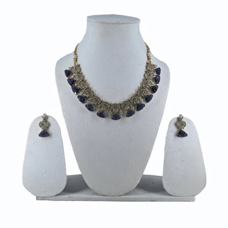 Royal purple Teardrop Collar Necklace Set with Antique Gold Filigree and Matching Earrings - UB Jewellerys 