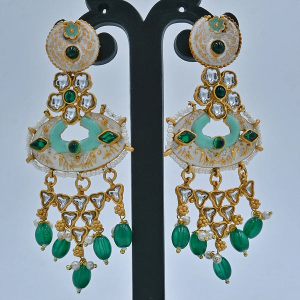 Royal Green & White Kundan Chandbali Earrings – Traditional Imitation Jewellery - UB Jewellerys 