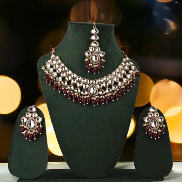 Royal Kundan Choker Set with Maroon Drops - Traditional Wedding Jewelry Set - UB Jewellerys 