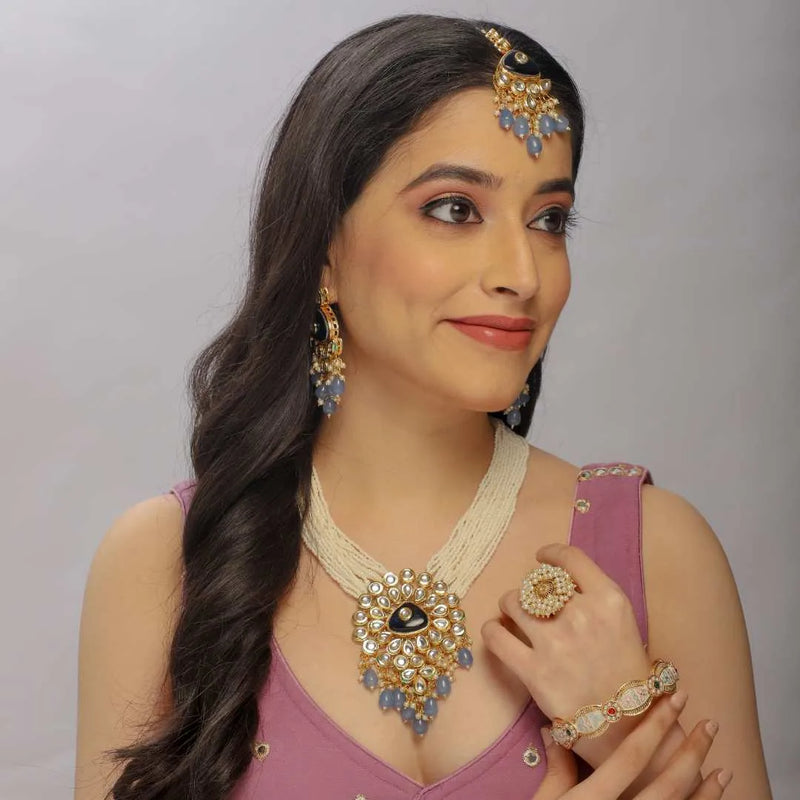 Royal Kundan & Blue Bead Necklace Set with Statement Earrings – Bridal Elegance - UB Jewellerys 