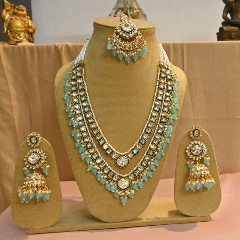 Royal Kundan & Mint Green Beaded Bridal Jewelry Set - UB Jewellerys 