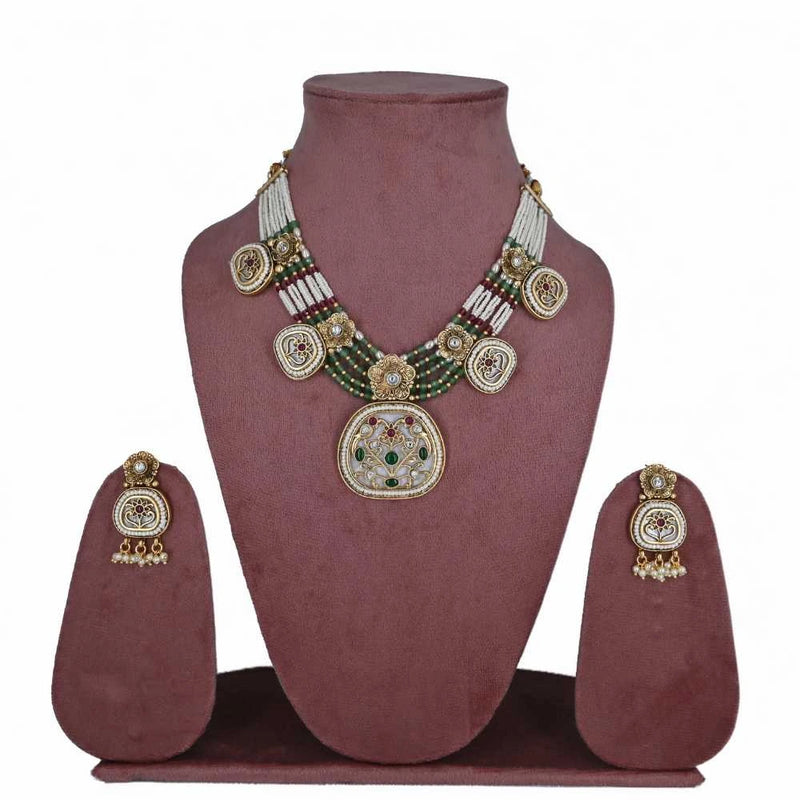Royal Kundan & Pearl Multi-Strand Necklace Set with Antique Pendant - UB Jewellerys 