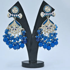 Royal Blue Beaded Chandbali Earrings with Kundan Work - UB Jewellerys 