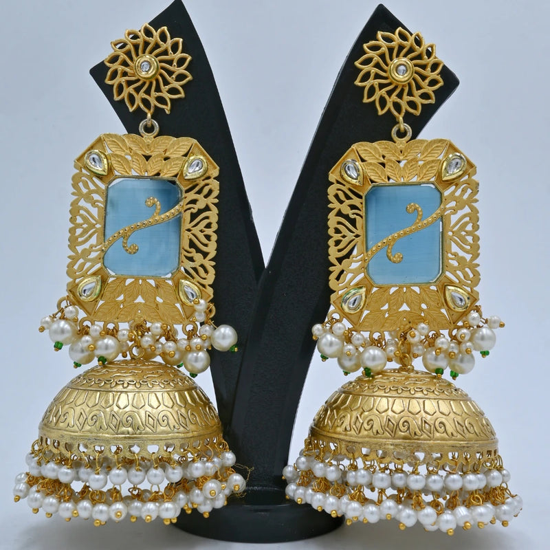 Royal Gold-Plated Jhumka Earrings with Blue Stone & Pearl Detailing - UB Jewellerys 