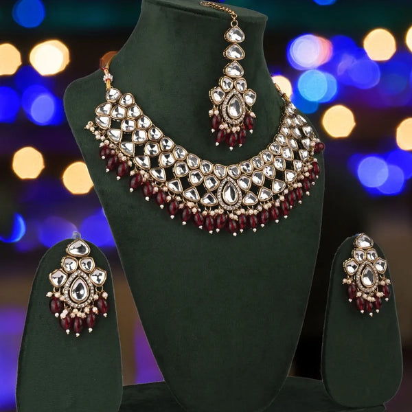 Royal Kundan Choker Set with Maroon Drops - Traditional Wedding Jewelry Set - UB Jewellerys 