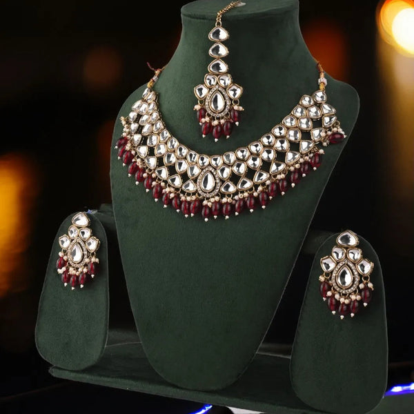 Royal Kundan Choker Set with Maroon Drops - Traditional Wedding Jewelry Set - UB Jewellerys 