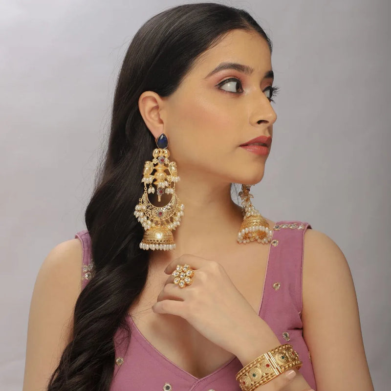 Royal Kundan Pearl Jhumka Earrings – Golden Elegance - UB Jewellerys 
