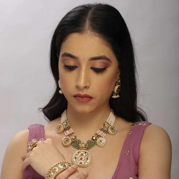 Royal Kundan & Pearl Multi-Strand Necklace Set with Antique Pendant - UB Jewellerys 
