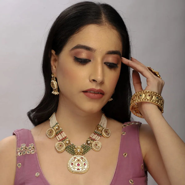 Royal Kundan & Pearl Multi-Strand Necklace Set with Antique Pendant - UB Jewellerys 